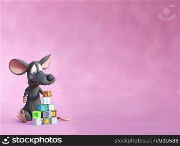 3D rendering of a cute smiling cartoon mouse sitting on the floor and playing and building a tower with toy blocks. Pink background with copyspace.. 3D rendering of a smiling cartoon mouse playing with toy blocks.