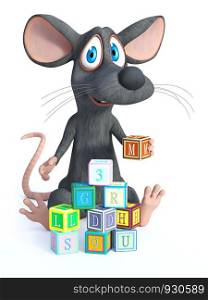 3D rendering of a cute smiling cartoon mouse sitting on the floor and playing and building a tower with toy blocks. White background.. 3D rendering of a smiling cartoon mouse playing with toy blocks.