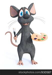 3D rendering of a cute smiling cartoon mouse standing and holding three brushes in one hand and an artist palette in the other, ready to paint like an artist. White background.. 3D rendering of a cartoon mouse holding brushes and palette.