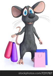 3D rendering of a cute smiling cartoon mouse standing and holding two shopping bags in his hand. Two more shopping bags are on the floor beside him. White background.. 3D rendering of a cartoon mouse holding shopping bags.