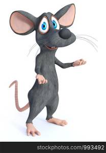 3D rendering of a cute smiling cartoon mouse standing with his arms outstretched in a welcoming pose like he is greeting you or saying tada. White background.. 3D rendering of a smiling cartoon mouse welcoming you.