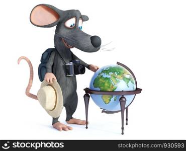 3D rendering of a cute smiling cartoon mouse with a hat, camera and backpack like a tourist. He is looking at a world globe, ready to decide where to travel. White background.. 3D rendering of a cartoon mouse tourist backpacking.