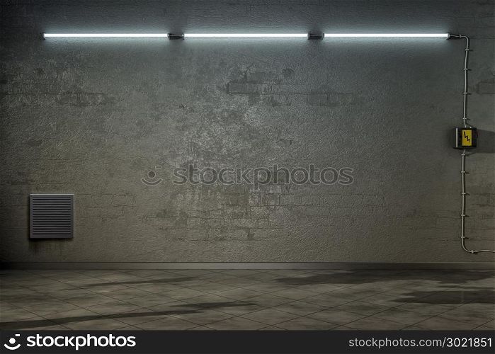 3d rendering of a dark room with three neon lights