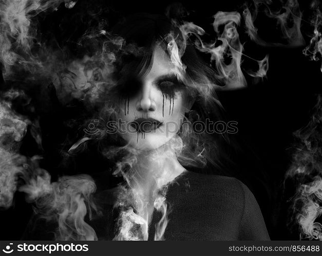 3D rendering of a dead ghost woman wraith that is dissolving in smoke or vaporizing like a ghost or demon.. 3D rendering of ghost woman dissolving in smoke.
