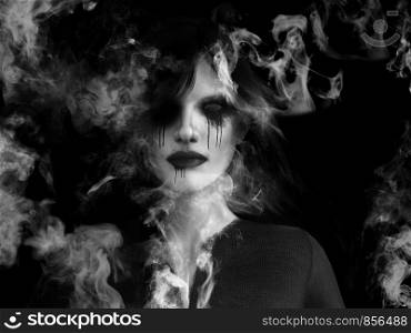 3D rendering of a dead ghost woman wraith that is dissolving in smoke or vaporizing like a ghost or demon.. 3D rendering of ghost woman dissolving in smoke.