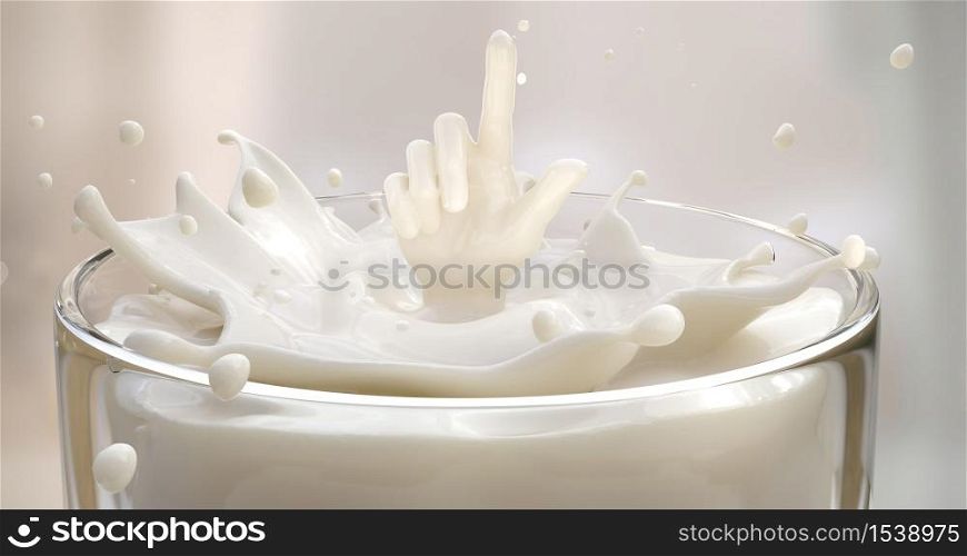 3d rendering of a drop of milk in a glass.