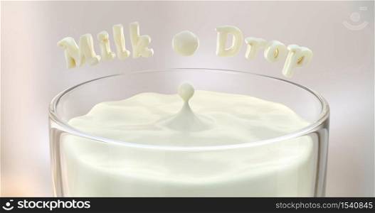 3d rendering of a drop of milk in a glass.