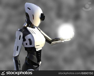 3D rendering of a female android robot holding a glowing sphere of energy or light in her hand against a gray background.