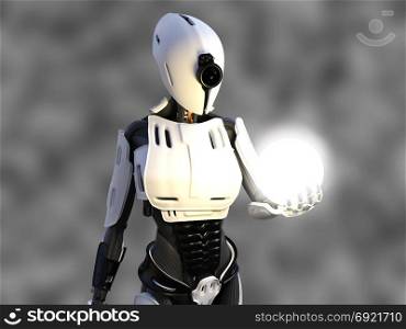 3D rendering of a female android robot holding a glowing sphere of energy or light in her hand against a gray background.. 3D rendering of a female android robot holding energy sphere.
