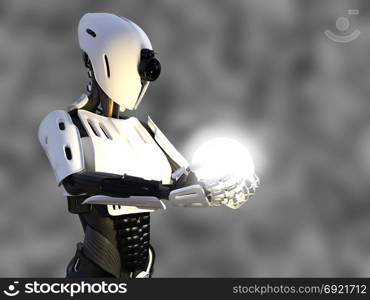 3D rendering of a female android robot holding a glowing sphere of energy or light in her hand against a gray background.. 3D rendering of a female android robot holding energy sphere.
