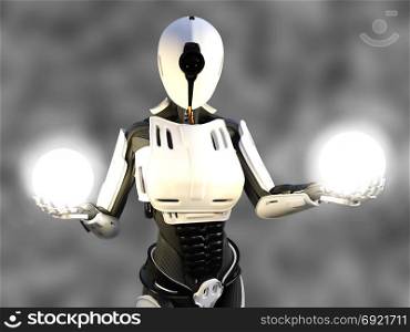3D rendering of a female android robot holding two glowing spheres of energy or light in her hands against a gray background.. 3D rendering of a female android robot holding energy spheres.
