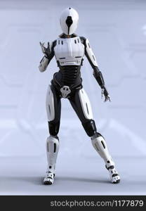3D rendering of a female android robot standing and posing. Futuristic ai concept.. 3D rendering of a female android robot posing.