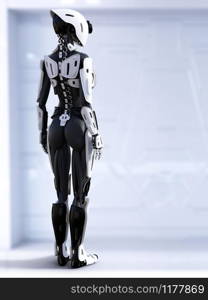 3D rendering of a female android robot standing with her back turned against the camera. Futuristic ai concept.. 3D rendering of a female android robot with back against camera.