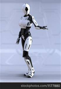 3D rendering of a female android robot standing with its arm out like she is showing something. Futuristic ai concept.. 3D rendering of a female android robot posing.