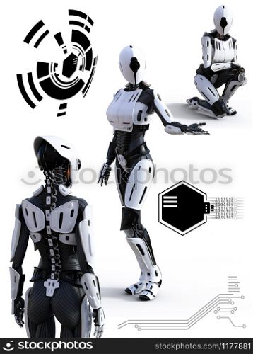 3D rendering of a female android robot technology artificial intelligence concept.. 3D rendering of android robot technology concept.