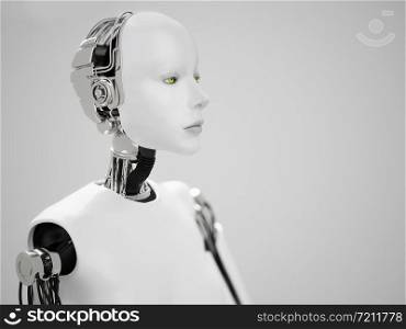 3D rendering of a female robot head with gray background. Artificial intelligence concept.. 3D rendering of female robot head.