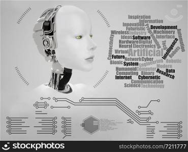 3D rendering of a female robot head with technology words and graphics. Futuristic tech concept.. 3D rendering of female robot technology concept.