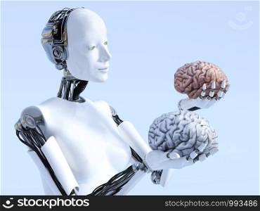 3D rendering of a female robot holding a human brain and a robot brain that she is looking at and comparing. Futuristic artificial intelligence concept.. 3D rendering of female robot artificial intelligence concept.