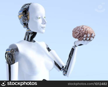 3D rendering of a female robot holding a human brain that she is looking at. Futuristic artificial intelligence concept.. 3D rendering of female robot artificial intelligence concept.