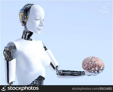 3D rendering of a female robot holding a human brain that she is looking at. Futuristic artificial intelligence concept.. 3D rendering of female robot artificial intelligence concept.
