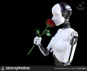 3D rendering of a female robot holding a red rose that she is smelling. Black background.. 3D rendering of female robot smelling red rose.