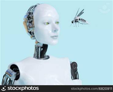 3D rendering of a female robot looking at a robotic mosquito. Light blue background.