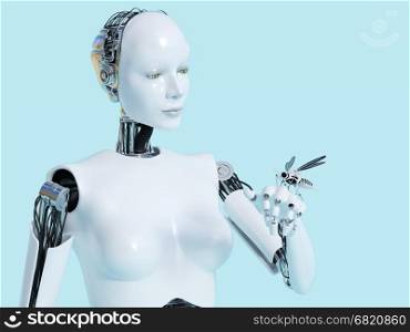 3D rendering of a female robot looking at a robotic mosquito that sits on her hand. Light blue background.