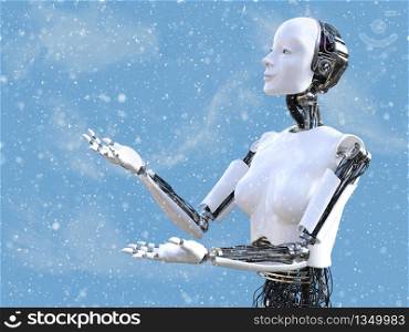 3D rendering of a female robot looking at the snow in the air with her arms and hands out to catch the snow flakes falling from the sky.. 3D rendering of female robot in snow.