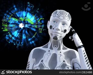 3D rendering of a female robot looking like she is thinking about something using her artificial intelligence. Technology concept.. 3D rendering of female robot thinking about something.