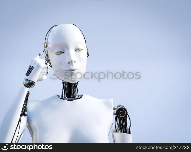 3D rendering of a female robot looking like she is thinking about something using her artificial intelligence.. 3D rendering of female robot thinking about something.