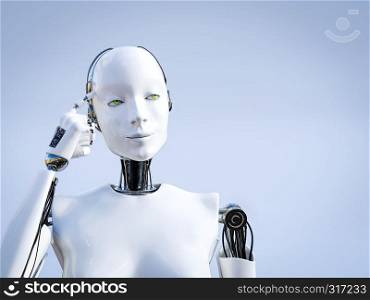 3D rendering of a female robot looking like she is thinking about something using her artificial intelligence.. 3D rendering of female robot thinking about something.