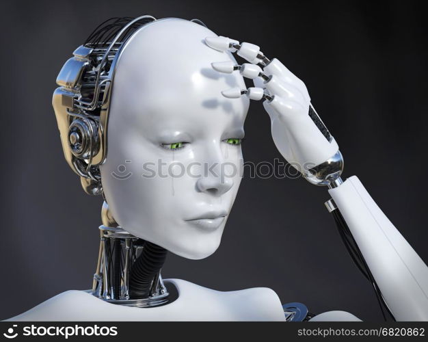 3D rendering of a female robot looking sad and crying, image 1. Dark background.