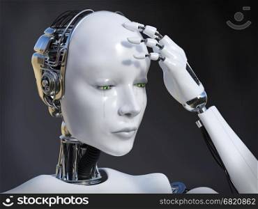 3D rendering of a female robot looking sad and crying, image 1. Dark background.