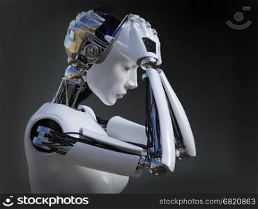 3D rendering of a female robot looking sad and crying, image 2. Dark background.