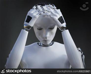 3D rendering of a female robot looking very sad. Dark background.