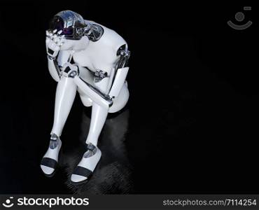 3D rendering of a female robot sitting in solitude on the floor and looking sad or depressed. Black background with copyspace.. 3D rendering of female robot looking sad.