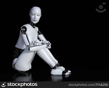 3D rendering of a female robot sitting on the floor and smiling. Black background with copyspace.. 3D rendering of female robot sitting on the floor.