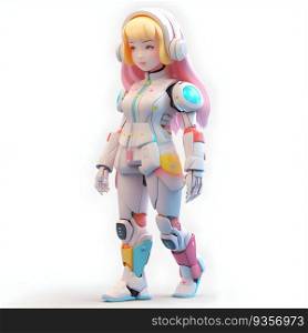 3D rendering of a female robot with headphones isolated on white background