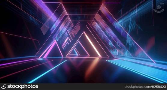 3D rendering of a futuristic background with geometric shapes and colorful neon lights. Generative AI AIG21.