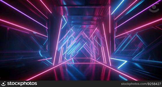3D rendering of a futuristic background with geometric shapes and colorful neon lights. Generative AI AIG21.