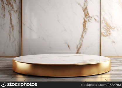 3D rendering of a gold and white marble display podium in a luxury room is perfect for use in a variety of projects, including presentations, marketing materials, and product catalogs. Generative AI