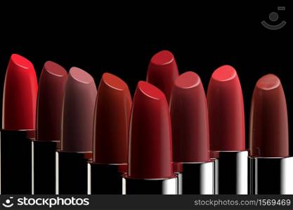 3D rendering of a group of lipsticks of different colors