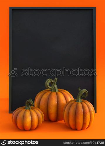 3D rendering of a halloween fall pumpkin greeting card with a big blackboard to write your message on and three pumpkins.. 3D rendering of a fall pumpkin greeting card.