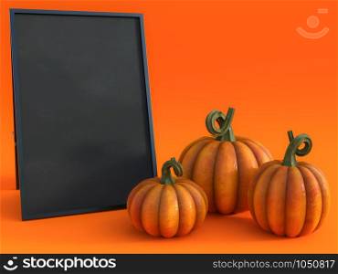 3D rendering of a halloween fall pumpkin greeting card with a blackboard to write your message on and three pumpkins.. 3D rendering of a fall pumpkin greeting card.