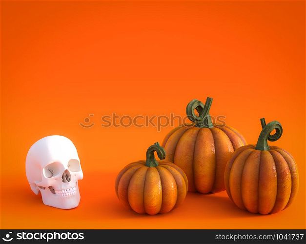 3D rendering of a halloween fall pumpkin greeting card with a skull and three pumpkins in the bottom and lots of copyspace above to fill in your message.. 3D rendering of a fall pumpkin and skull greeting card.