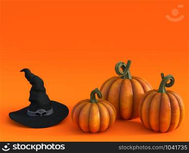 3D rendering of a halloween fall pumpkin greeting card with a witch hat and three pumpkins in the bottom and lots of copyspace above to fill in your message.. 3D rendering of a fall pumpkin and witch hat greeting card.