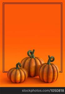 3D rendering of a halloween fall pumpkin greeting card with lots of copyspace to write your message on and three pumpkins.. 3D rendering of a fall pumpkin greeting card.