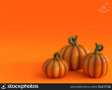3D rendering of a halloween fall pumpkin greeting card with three pumpkins in the bottom right corner and lots of copyspace to fill in your message.. 3D rendering of a fall pumpkin greeting card.