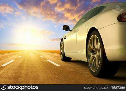 3D rendering of a low angle view of car on motion on the road