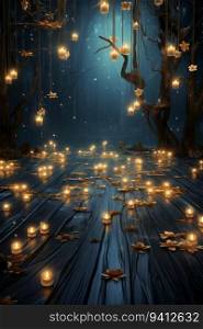 3d rendering of a magical dark forest full of candles and flowers